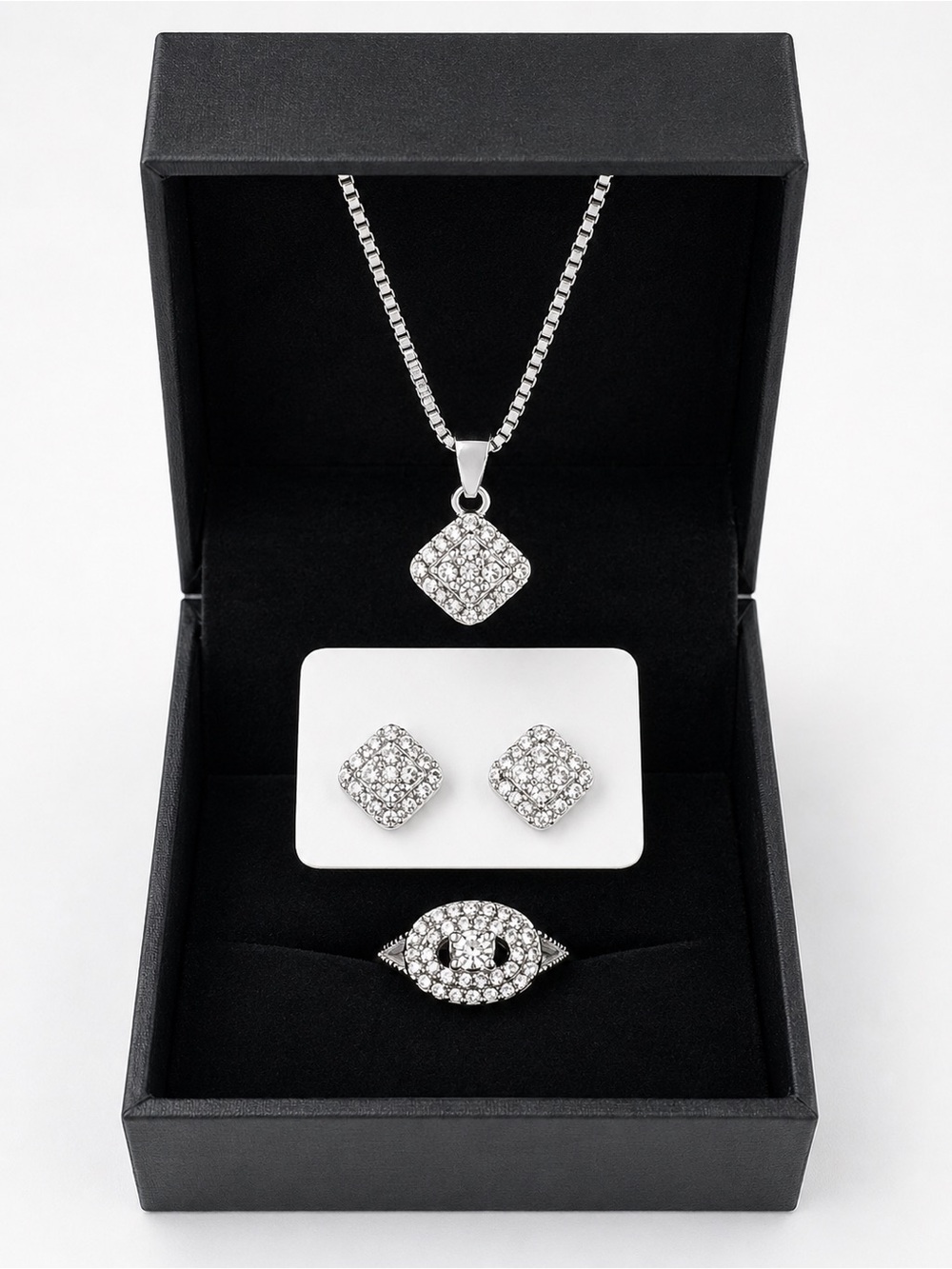 Silver Crystal Pave Jewelry Set - Necklace, Earrings & Ring